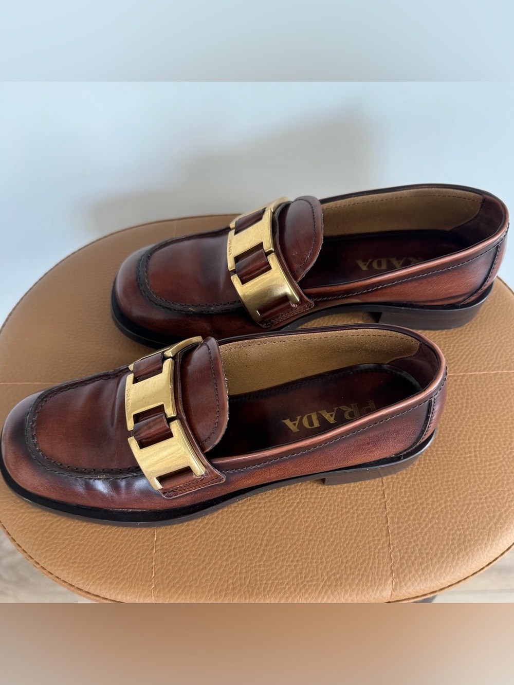 Prada Brown Leather Loafers with Gold Buckle